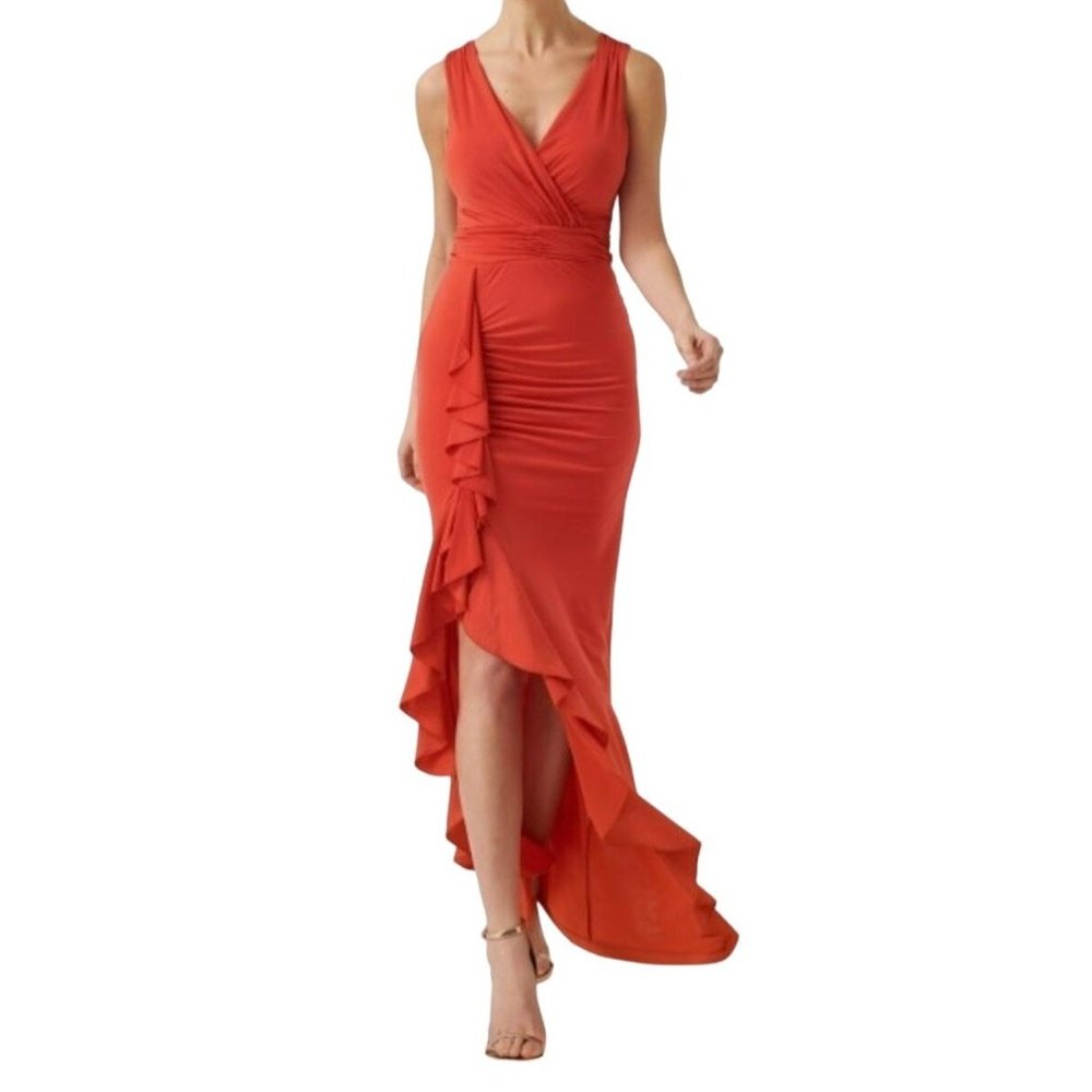 Forever Unique Asymmetric Ruffle Maxi Dress Red Size 4 NWT